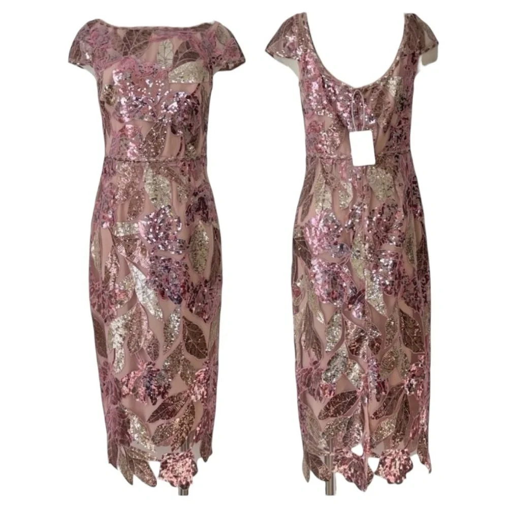 Marchesa Notte Floral Sequin Embellished Tulle Midi Dress NWT Size 16 - Picture 3 of 12
